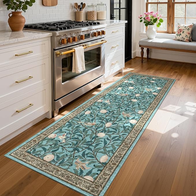 GarveeHome 2x6 Runners for Hallways Non Slip, Boho Leaf Kitchen Runner Rug Washable Rugs for Bedroom, Low Pile Soft Blue Runner Botanical Bird Rug for Dorm Entryway Laundry Room Bedroom