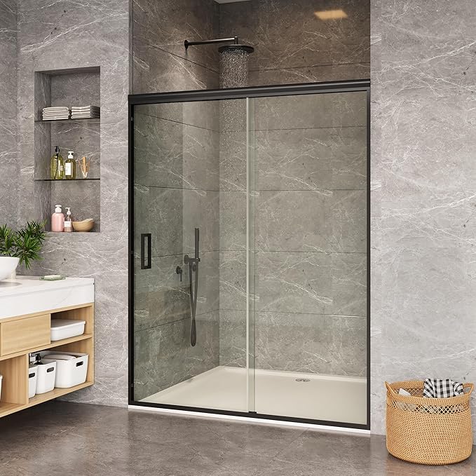 Fully Framed Sliding Shower Door, Adjustable 56"-60" W x 72" H with 6mm (1/4") SGCC Tempered Glass, Matte Black Aluminum Alloy Frame, Stainless Steel Handle, Reversible Installation