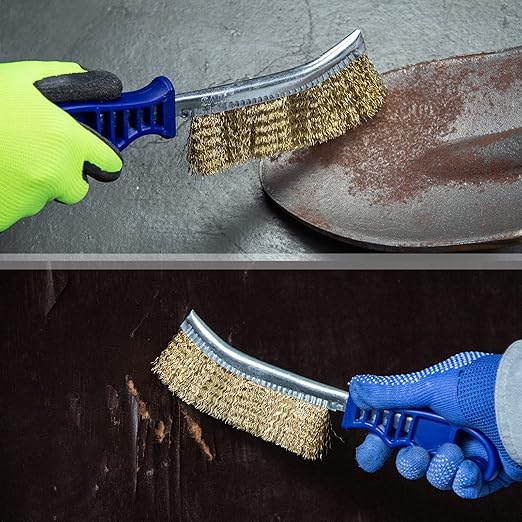 SALI Wire Brushes for Cleaning Rust Removal Heavy Duty Steel Brush Tool 11" Long Handle with Plastic Handle,for Automotive,Grill,Paint , Welding Slag&Household，More and Thicker Bristles Pack of 2