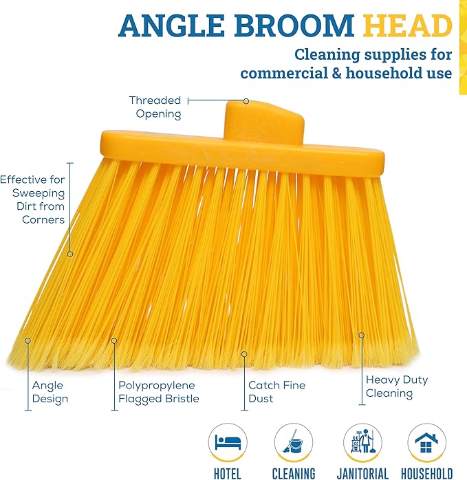 KLEEN HANDLER Angle Broom Head with Flagged Stiff Bristles for Indoor/Outdoor Floor Cleaning/Sweeping, 6 Pc - Yellow