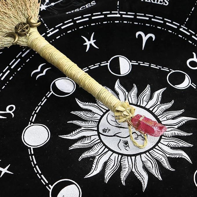 Witch Altar Mini Broom with Crystal and Triple Moon Decor - Wiccan Tools for Healing Energy Cleansing Altar Decoration (Red Crystal)
