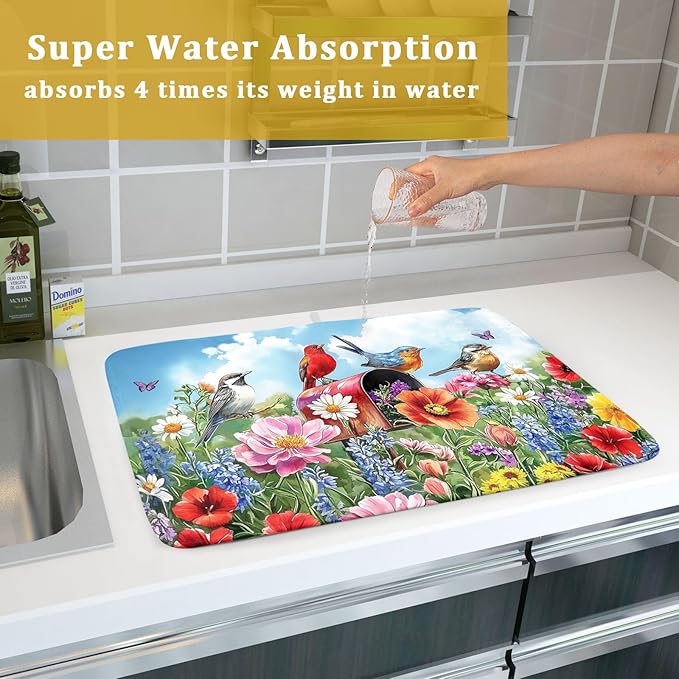 Khope Spring Floral Birds Dish Drying Mat for Kitchen Counter 18x24 Inch Colorful Butterfly Flowers Reusable Washable Farmhouse Flower Drying Pad Countertop Home Decor