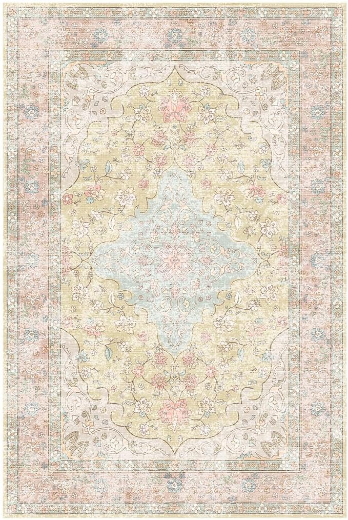 Area Rugs 5x7, Washable Orange Rugs for Living Room, Bedroom, Non Slip, Neutral Floral Vintage Indoor Rug for Farmhouse Nursery, Dining Room, Kid Room, Office, Dorm