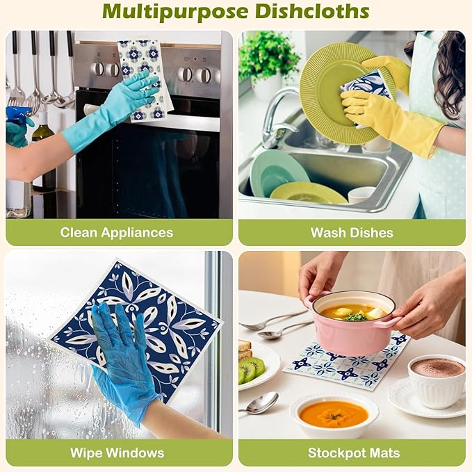 6 Packs Swedish Paper Cloths for Kitchen, Reusable Paper Towels Washable Dish Rags, Highly Absorbent Kitchen Towels Quick Drying Swedish Sponge Cleaning Dish Cloths (Blue Ornamentation)