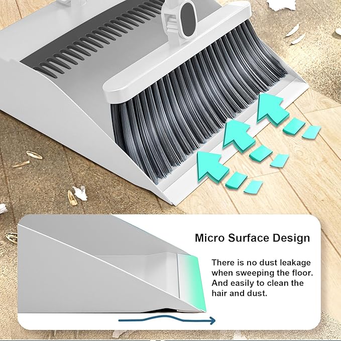 Broom and Dustpan Set, Long Adjustable Handle Indoor Sweeping Brooms, 180° Rotating Broom with Standing Storage and Scraping Teeth Dustpan to Clean Hair for Home Kitchen