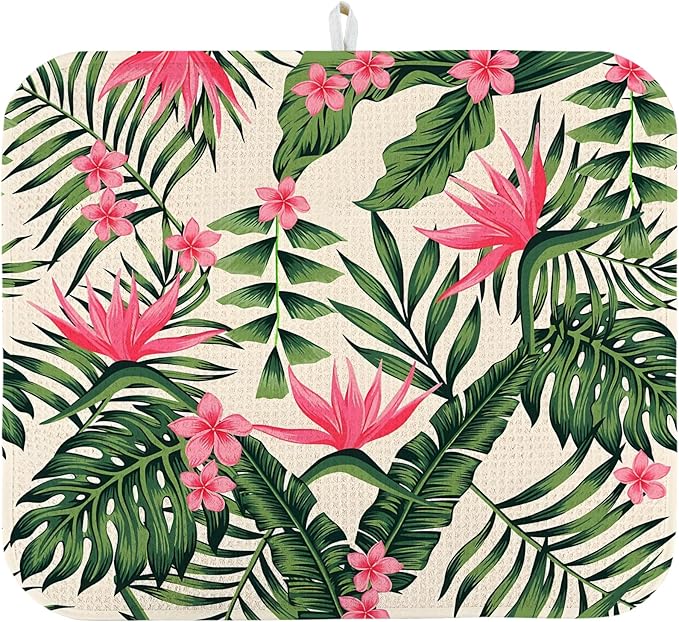 Dish Drying Mat for Kitchen Counter 18x24 Inch, Super Absorbent Dish Drainer Mat, Decorative Microfiber Dishes Drying Pad-Large(Tropical Leaf)