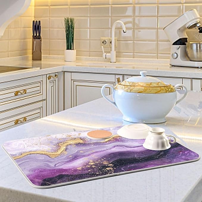 Marble Purple Gold Dish Drying Mat for Kitchen Countertop 18x24 Tie Dye Rectangle Large Drying Mat Reusable Quick Dry Dish Sink Absorbent Mats Dishwasher Easy Clean Decorative Home Decor Essentials