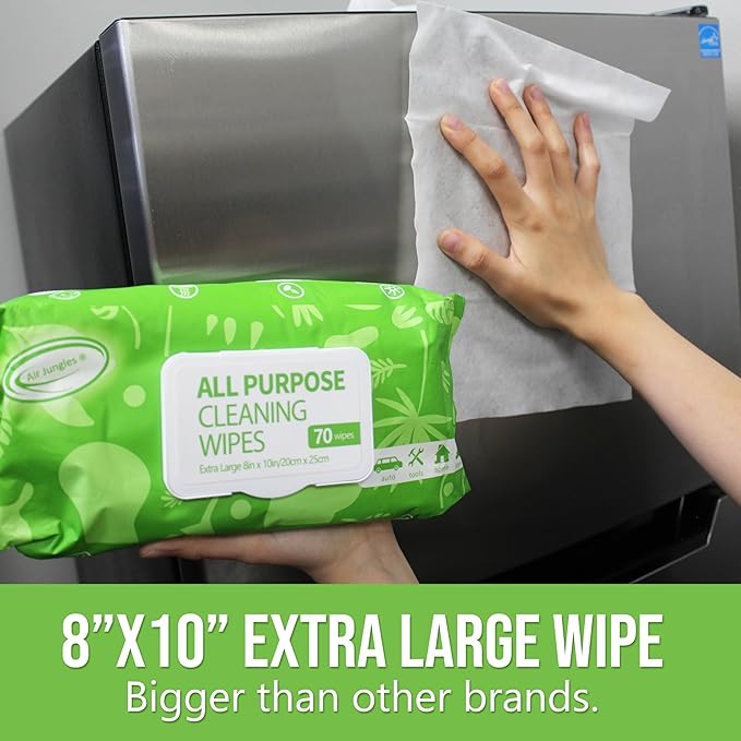 Air Jungles All Purpose Cleaning Wipes for Car and Home 70 Count (Pack of 2), Extra Large 8" x 10" Heavy Duty for Car Interior Vinyl, Kitchen, Bathroom, Countertop, Furniture, Tool - Non-Toxic