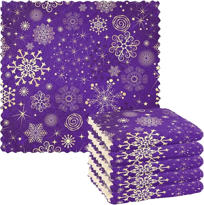 Dish Towels Kitchen Cleaning Cloths Winter Violet Purple With Gold Snowflakes Christmas Dish Cloths Super Absorbent Kitchen Towels Lint Free Bar Tea Soft Towel Kitchen Accessories Set of 6,11"x11"