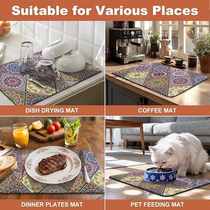 Yamaziot Boho Coffee Mat 12"x20", Floral Dish Drying Mat for Kitchen Counter, Non Slip Coffee Bar Accessories Espresso Machine Dish Rack