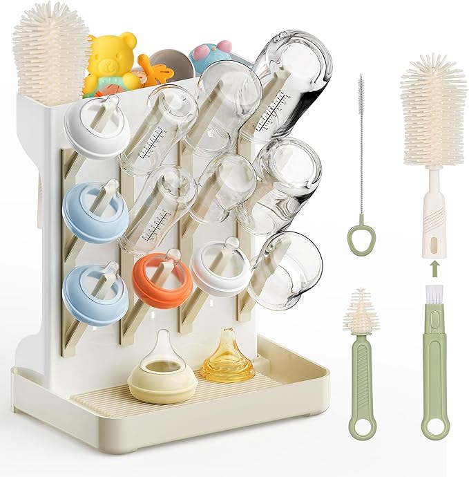 Superior Vertical Baby Bottle Drying Rack with 4-Pack Brush Set: Space-Saving Countertop Drying Rack - BPA-Free Baby Accessories Storage Stand Organizing Brushes & Pacifiers - Warm Beige