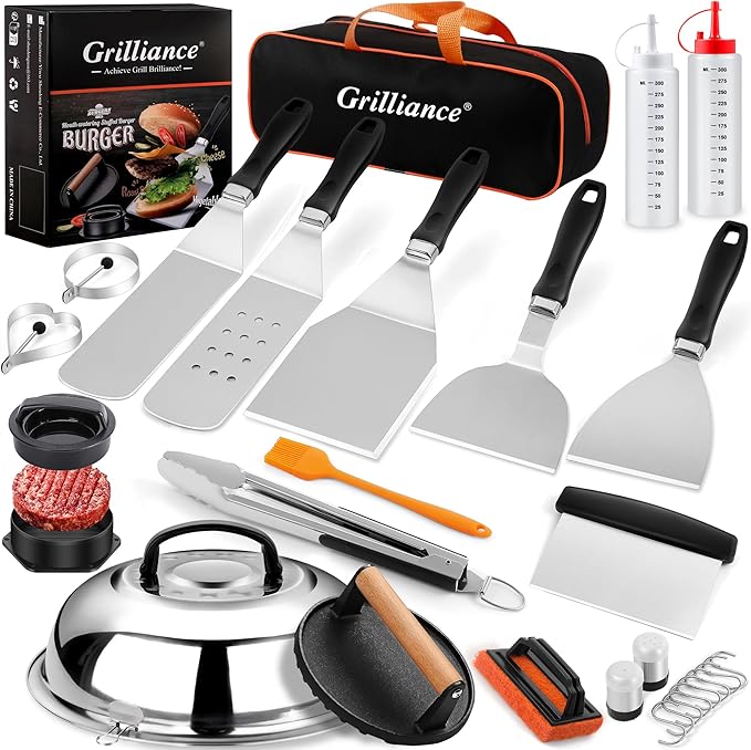 27pcs Griddle Accessories Kit for Blackstone, Professional Hibachi Flat Top Grill Tools, Enlarged Spatula Gift Set with Basting Cover，Burger Press Patty Maker for Outdoor BBQ Teppanyaki