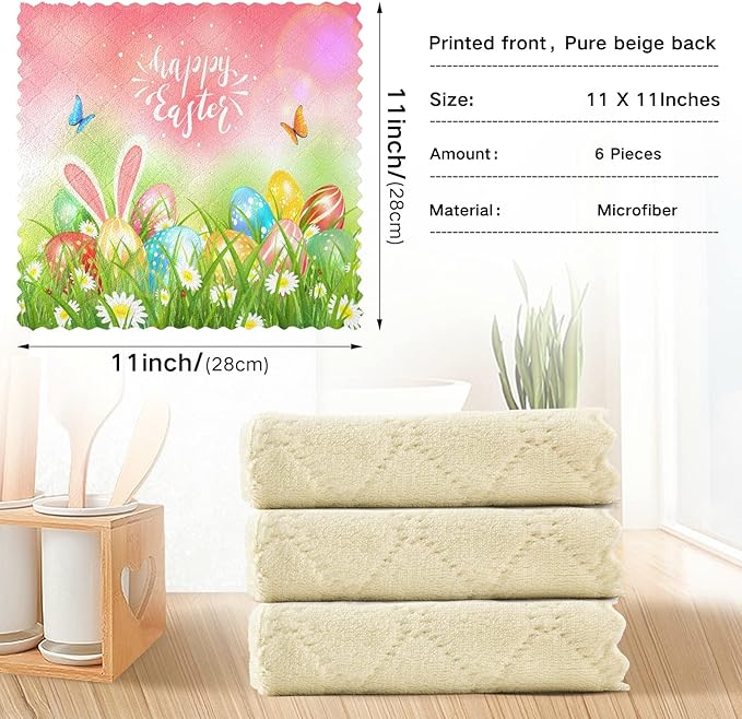 Dish Towels Kitchen Cleaning Cloths Easter Eggs in The Grass with Butterflies Spring Flowers Dish Cloths Absorbent Kitchen Towels Lint Free Bar Tea Soft Towel Kitchen Accessories Set of 6,11"x11"
