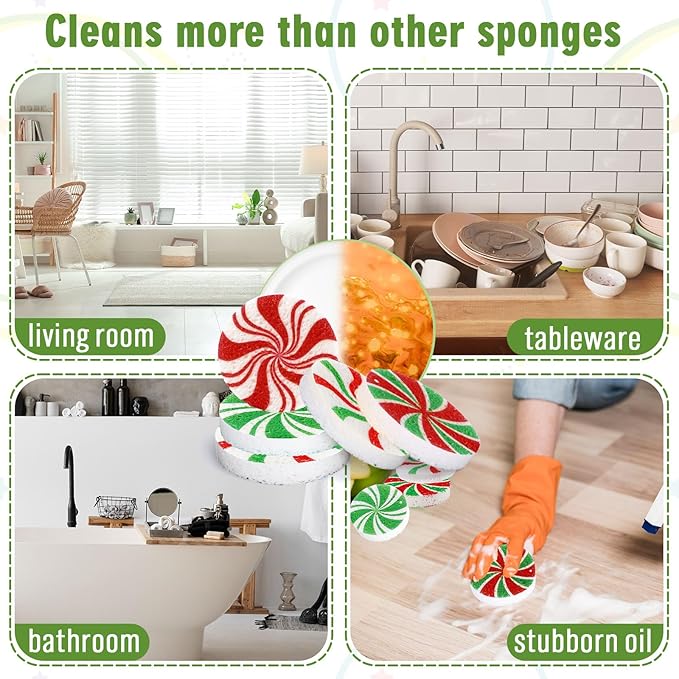 Whaline 8Pcs Christmas Candy Kitchen Sponges Red Green Xmas Candy Water Absorbing Dish Washing Sponge Non Scratch Cleaning Scrub Sponges for Dish Pots Pans Dishwashing Holiday Home Kitchen Bathroom