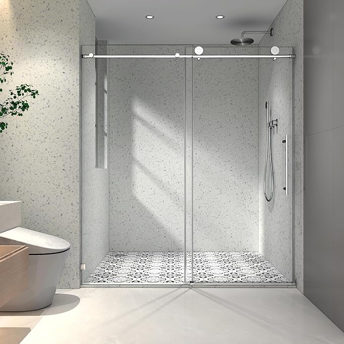 Favfurish 55"-60" W x 76" H Single Sliding Shower Door with Adjustable Soft Closing Design, Frameless Glass Shower Door with 5/16‘’(8mm) SGCC Tempered Clear Glass, Easy to Install, Brushed Nickel