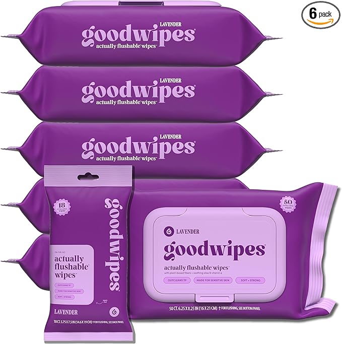 goodwipes Flushable Butt Wipes - Vitamin E & Aloe - Sewer & Septic Safe - Extra Large Adult Wet Wipes For Women & Men - Bathroom Essentials - Lavender, 318 Count (6 Packs + 1 Travel)