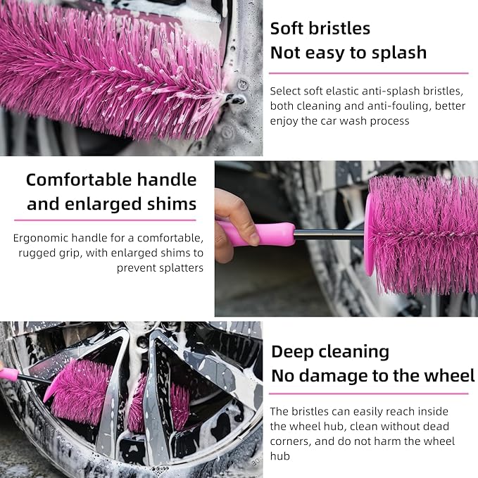 Wheel Cleaning Brush Hub Clean Tool and Rim Detailing Brush with Soft Bristles,Safe On All Wheel Types,Multipurpose Use for Wheels,Rims,Exhaust Tips,Car,Motorcycles,Truck (Pink)