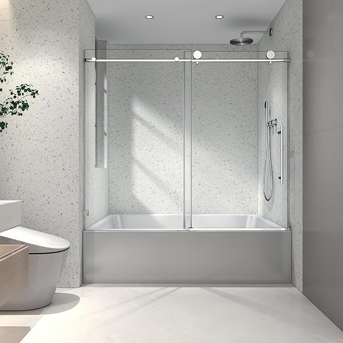 Favfurish Single Sliding Shower Door,55"-60" W x 63" H Frameless Shower Door with 5/16" (8mm) Thick SGCC Tempered Glass W/Adjustable Soft Closing,Bathroom Glass Door for Spa（Brushed Nickel）