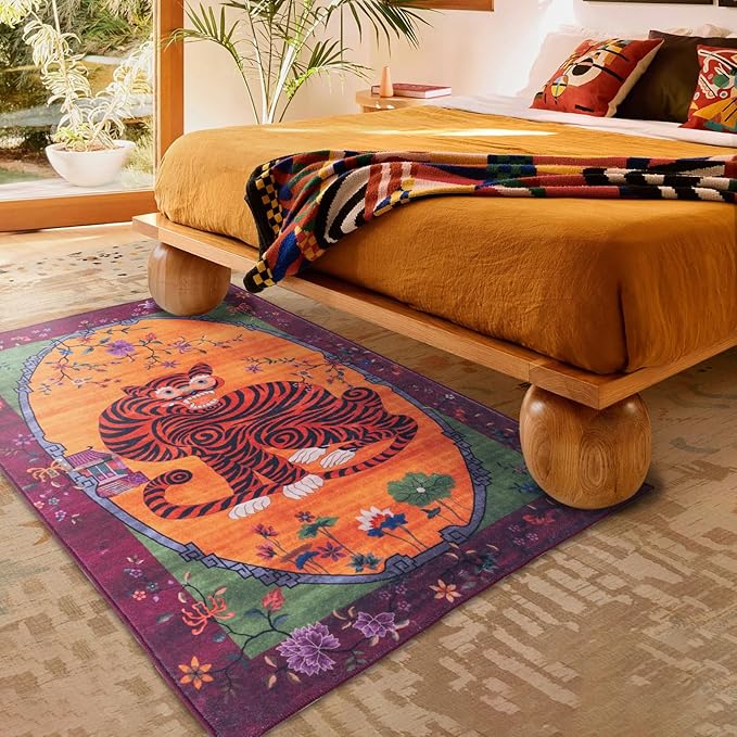 Tiger Rug Washable 4x6 ft Oriental Traditional Animal Print Vintage Fuchsia Floral Tibetan Rugs for Bedroom Kitchen Living Room Indoor Entryway