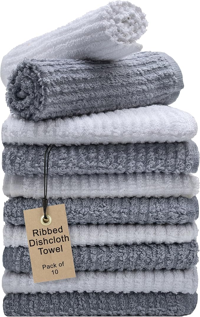 Textila Bar Mop Towels 12x12 Inch – White & Grey – Pack of 10 - Cotton Dish Cloths & Cleaning Towels for Kitchen, Bar, Restaurant, Household Use – Absorbent, Durable, Reusable