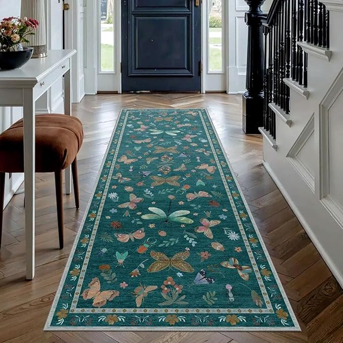 2x6 Floral Runner Rug, Washable Runners for Hallways, Green Vintage Boho Kitchen Rugs, Non Slip Hallway Runner Carpet for Indoor Hallway, Kitchen, Laundry Room and Bathroom(Teal 2x6ft)