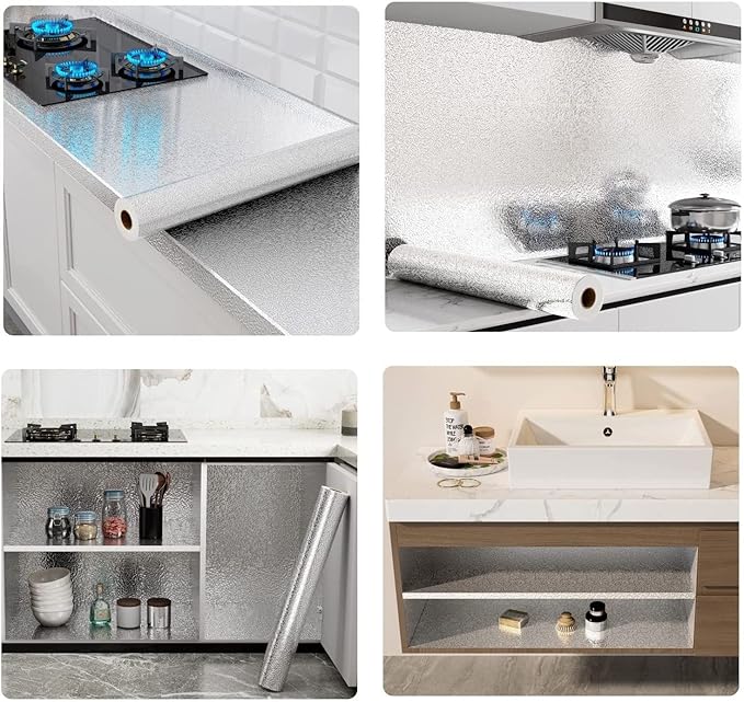Kitchen Backsplash Wallpaper Peel and Stick Aluminum Foil Contact Paper Self Adhesive Oil-Proof Waterproof Heat Resistant Wall Sticker for Countertop Drawer Liner Shelf Liner(15.7X197 Inches)