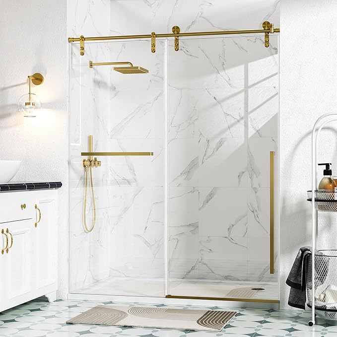 56-60" W x 75" H Shower Glass Door, Frameless Sliding Shower Door, 5/16"(8mm) Tempered Glass Shower Doors for Walk in Shower with Explosion-Proof Film, Brushed Gold Stainless Steel Hardware