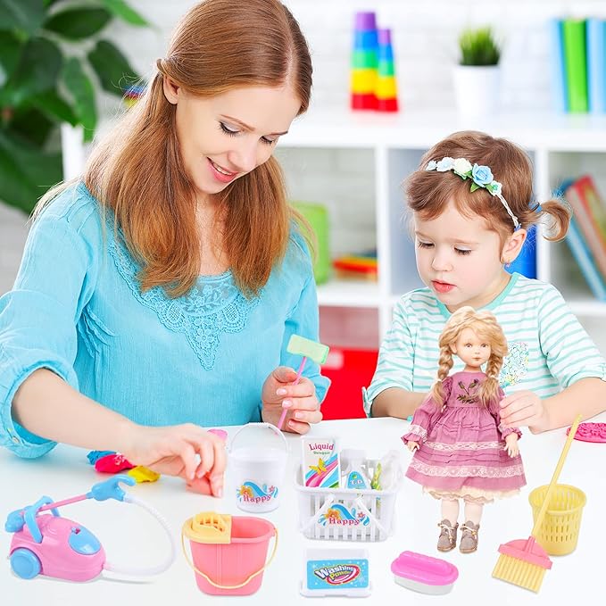 22 Pcs Miniature Dollhouse Cleaning Supplies Mini Bucket Mop Dust Pan Brush Broom Mini Housework Cute Cleaning Supplies Tools Miniature Furniture Dollhouse Decoration Accessories