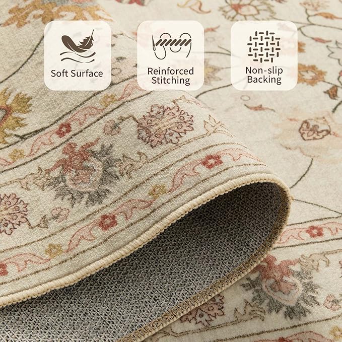 Floral Rug for Living Room Bedroom, 3x5 Washable Area Rug, Vintage Boho Throw Rugs, Non Slip & Low Pile Carpet for Indoor Dining Room, Girls Room, Nursery Room and Kids Room(Apricot 3x5ft)