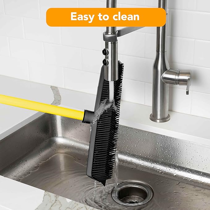 FURemover Sweep Pet Hair Rubber Broom with Squeegee and Attachable Microfiber Cloth and 47” Handle for Tile, Carpet and Hardwood