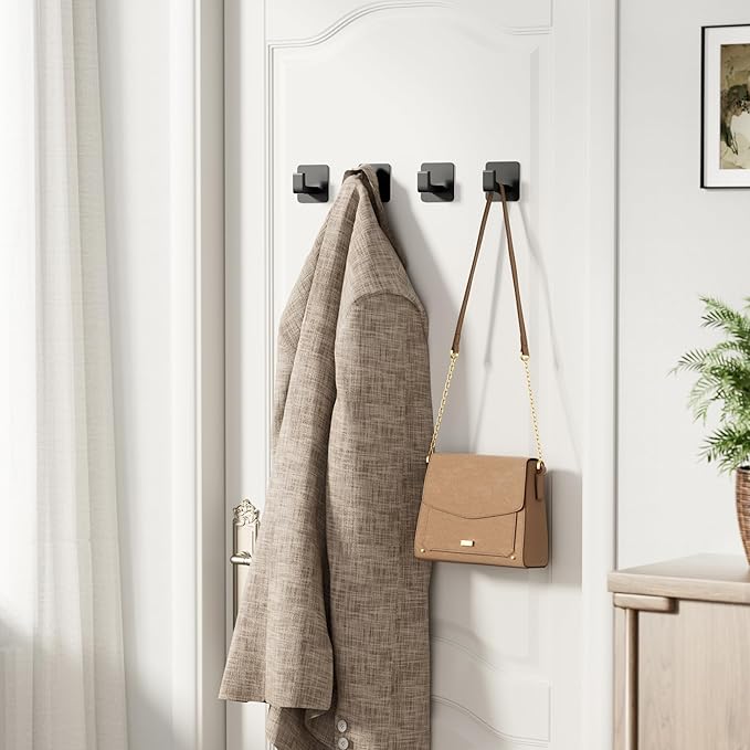 Square Self Adhesive Towel Hooks - 4 Pack Matte Black Metal Hooks, Right-Angle Design for Towels, Robes & Hats, Organize Bathroom, Kitchen, Entryway, Doors, Cabinets on Smooth Surfaces | Square, Right-Angle Design, for Towels, Robes & Hats, Organize Ba...