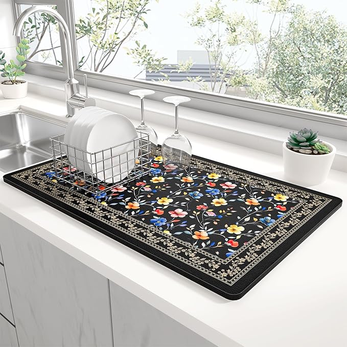 Rnivvi Dish Drying Mat for Kitchen Counter, XL 15 x 24" Cute Flower Theme Super Absorbent Drainer Pad, Non-Slip Heat Resistant Coffee Bar Mat for Coffee Machine Station Accessories,Retro Dish Rack Pad