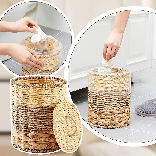 Ctosree 1.3 Gallons Small Trash Can with Lid Handle Boho Woven Braided Bathroom Waste Basket Trash Can with 100 Garbage Bags for Bedroom Office Laundry(Primary Color,Braided Wicker,Round)