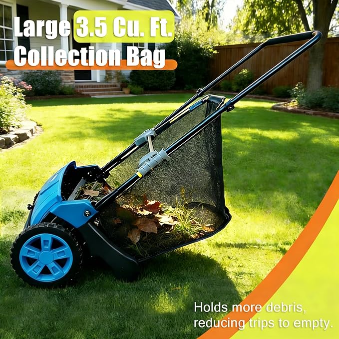 Manual Push Lawn Sweeper 21-Inch, Yard Leaf & Debris Collector with 3.5 Cu. Ft. Collection Bag, Adjustable Brush Height for Lawns & Driveways, Foldable Storage Design