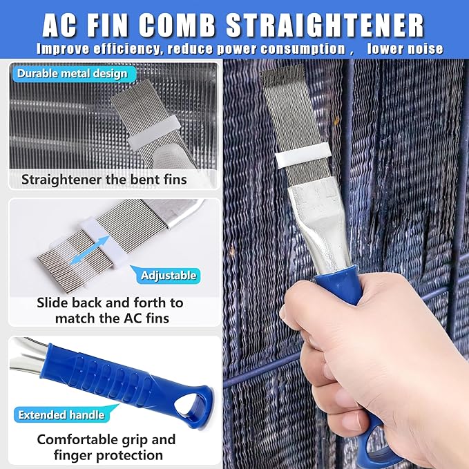 2 Pcs Air Conditioner Fin Comb Kit, Ac Fin Comb Straightener Tool, Radiator Comb,HVAC Coil Cleaning Brush for A/C Unit Condenser Evaporator Repair Clean Tool,Extend Handle &Thickened PIN