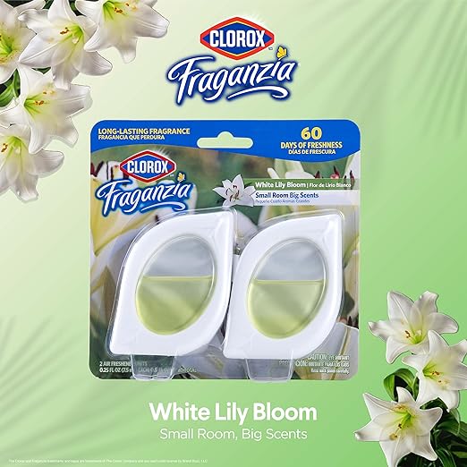 Clorox Fraganzia Small Rooms Air Freshener, White Lily Bloom Scent - Peel & Place Air Freshener, No-Plug, Battery-Free for Closets, Laundry Room, Entry Way, Bathroom, 0.25 Fl Oz Each, 24 Count
