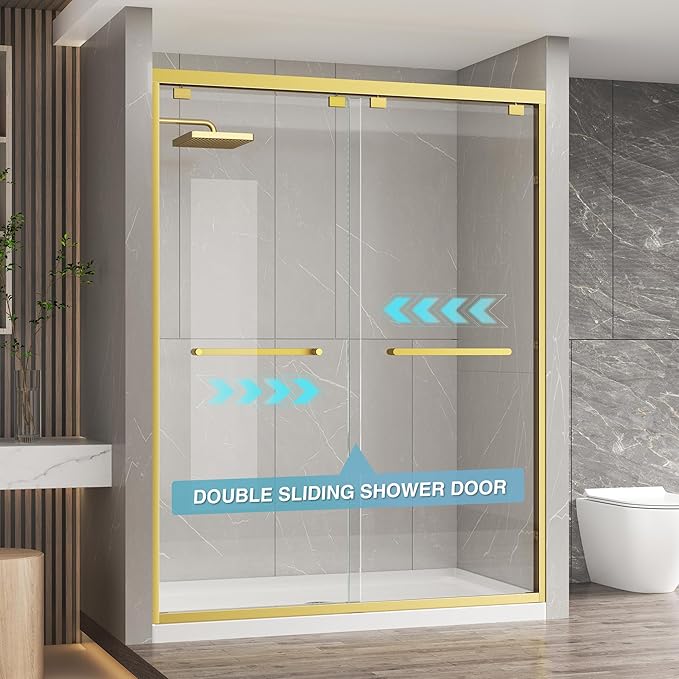 KPUY Glass Shower Door, 61-66" W x 76" H Semi-Frameless Double Sliding Shower Door, 1/4" (6mm) Thick Tempered Clear Glass with Explosion-Proof Film Nano Coating, Brushed Gold