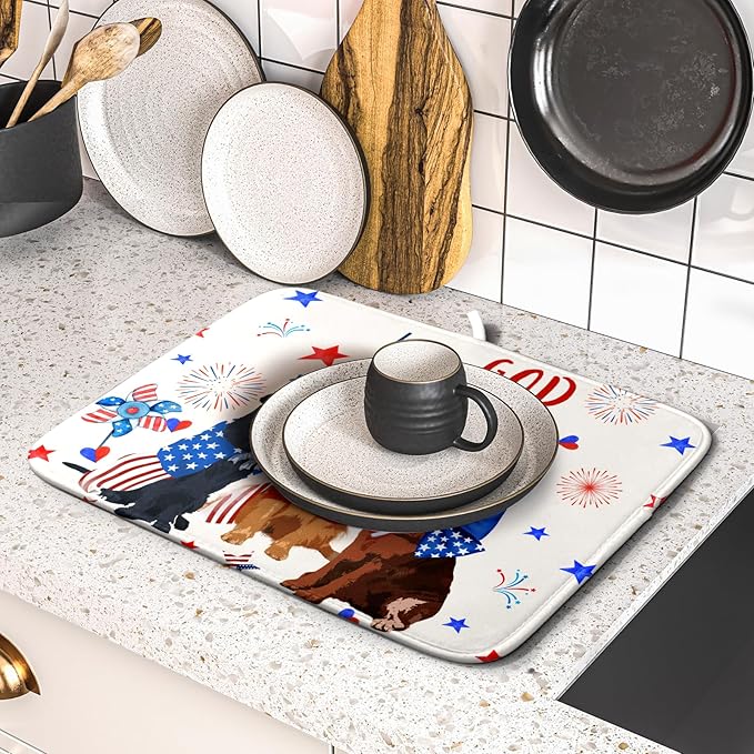Giwawa 4th of July Patriotic Dogs Dish Drying Mat American Independence Day Dish Dry Pad 16"x18" Absorbent Dishes Drainer Mat for Kitchen Counter