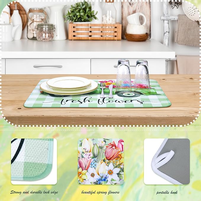 2 Pcs Dish Drying Mat for Kitchen, Spring Floral Absorbent Microfiber Dish Mat Counter 18 x 24 Inch Truck Flower Leaves Draining Green Drying Reusable Washable Pad