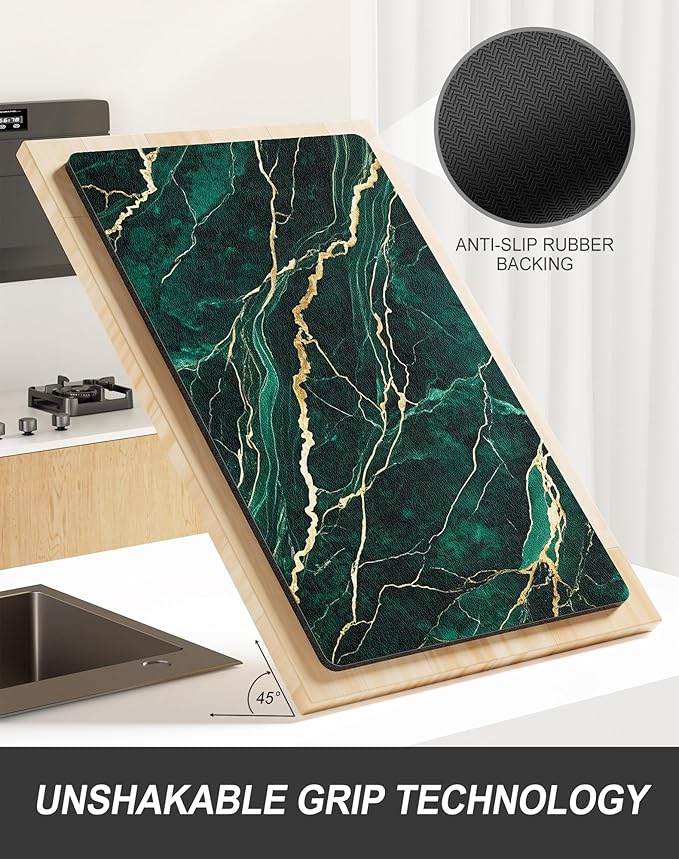 Rnivvi Dish Drying Mat for Kitchen Counter, 12 x 19" Cute Marble Super Absorbent Draining Pad, Non-Slip Heat Resistant Coffee Bar Mats for Coffee Machine Station Accessories, Green Gold Dish Rack Pad