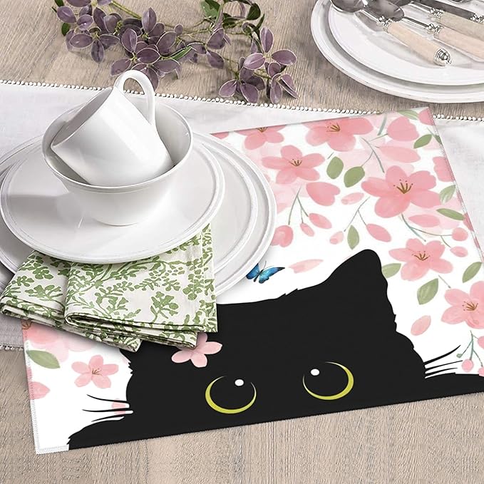 Flowers Black Cat Butterfly Dish Drying Mat for Kitchen Counter, 16"x18" Microfiber Absorbent Fast Dry Mat, 2Pcs Dish Mat Faucet Mats Sets, Large Drying Kitchen Mat Kitchen Drying Pad Coffee Bar Decor