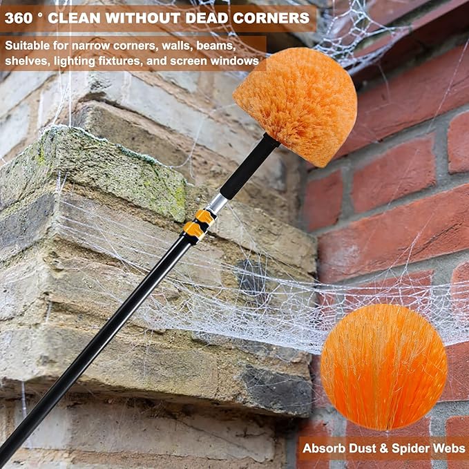 Orange Twist-On Cobweb Duster Head Brush, Fits Standard 3/4 inch Threaded Poles, Attachment Brush, Spider Web Duster Brush for Outdoor & Indoor Cleaning - 1 Pack