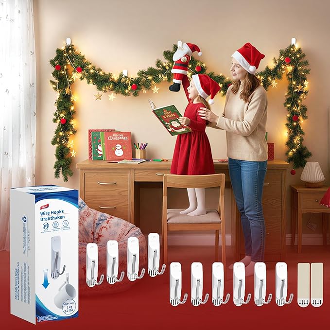 TAILI Hooks for Hanging,10 Small Sticky Hooks and 12 Adhesive Strips, White Utility Hooks for Wall, No Damage Heavy Duty Holds up to 1.1 lb, Removable & Reusable for Door, Dorm, Kitchen, Decorations
