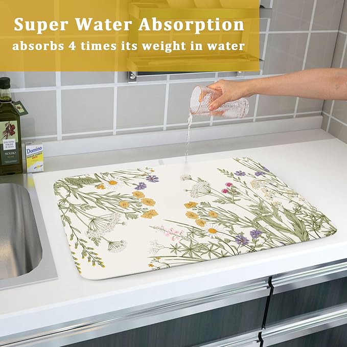 Khope Spring Dish Drying Mat for Kitchen Counter 18x24 Inch Sage Green Wild Flower Plant Reusable Washable Drying Pad Countertop Home Decor