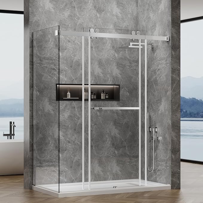 60x76 in Frameless Double Sliding Shower Door with 32x76 in Side Panel, Nano Glass, 304 Stainless Steel in Bright Chrome, L-Shape Design, Reversible Install