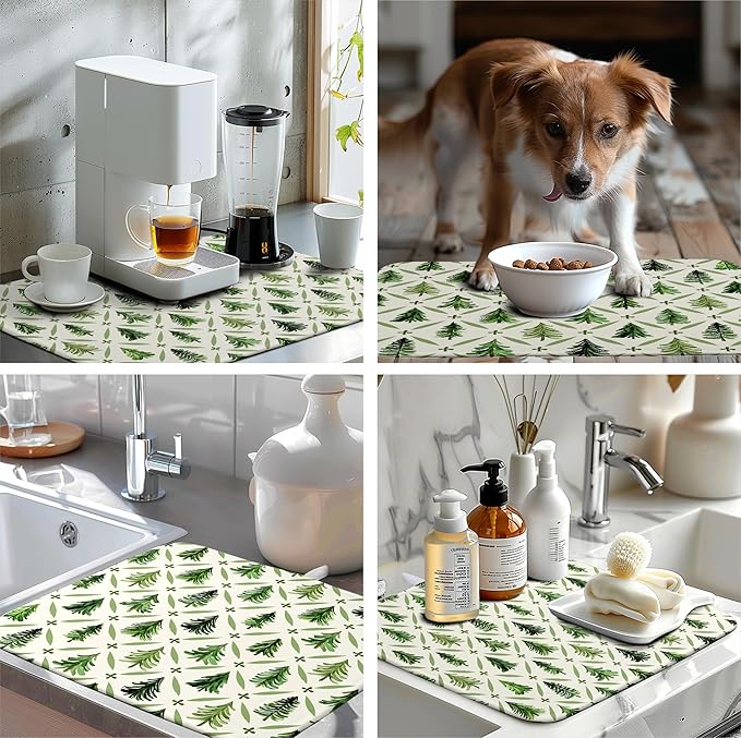 Christmas Dish Drying Mat for Kitchen Counter 18x24 Inch Sage Green Xmas Tree Drying Pad Winter Holiday Dish Draining Mat Microfiber Absorbent Dish Drainer Rack Mat for Coffee Bar