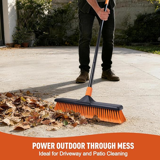 18" Push Broom Outdoor for Floor Cleaning with Extendable Long Handle, Stiff Bristle Heavy Duty Broom for Bathroom, Kitchen, Tub, Tile, Patio, Deck, Concrete, Industrial