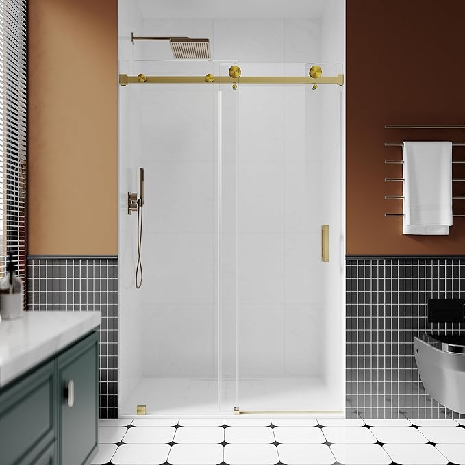 3/8" (10mm) Sliding Glass Shower Door, 50-55" W x 76" H Frameless Bathroom Door with Easy-Cleaning Coating,Satin Brass