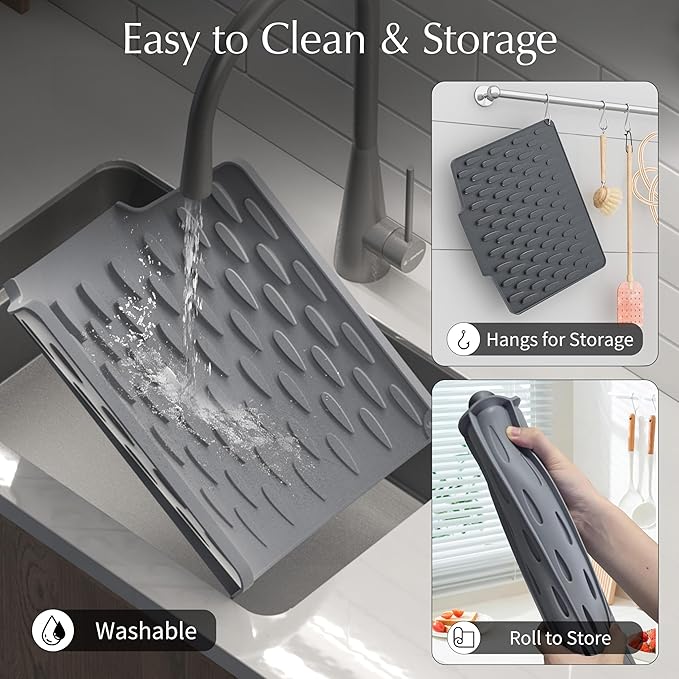 Silicone Dish Drying Mat for Kitchen Counter or Sink with Built-in Drain Lip, Non-Slip Quick Drying Mat, Easy to Clean, Heat Resistant Drying Matt, 15.7" x 13", Grey