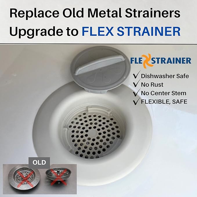 Flex Strainer® Sink Drain Strainer with Optional Stopper – No Center Stem, Fits Standard 3½” Sink Drains & Disposals – Easy Clean, Dishwasher Safe – Made in USA (1, Grey)